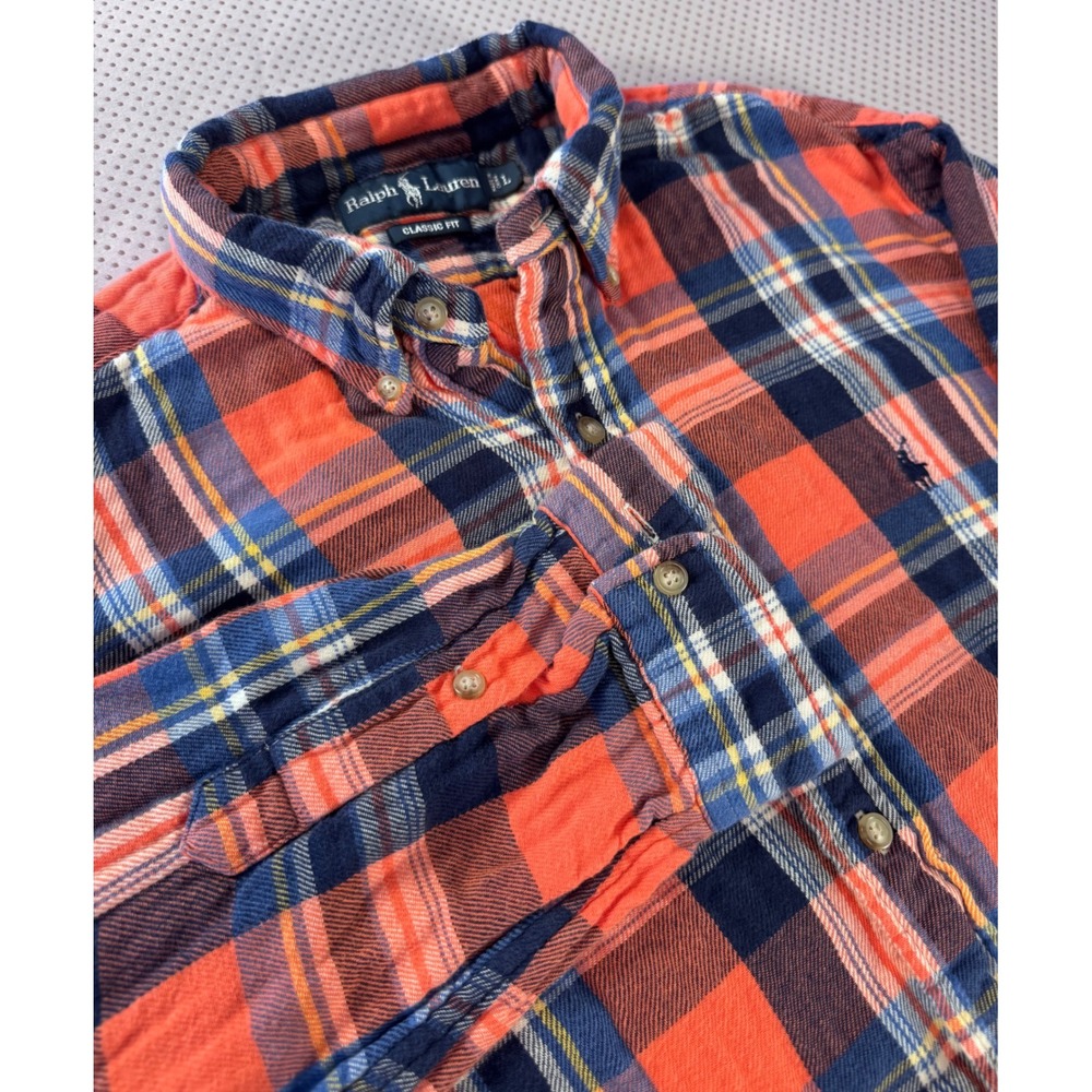 Ralph Lauren Classic Fit Plaid Flannel Shirt Orange Navy Blue Mens Large